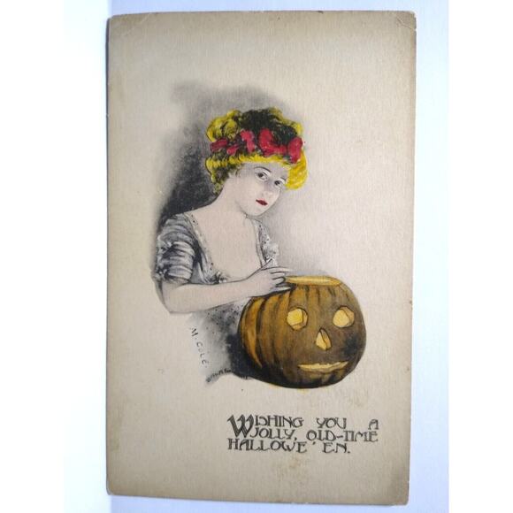 Halloween Postcard May L. Farini Hand Tinted Victorian Lady JOL Pumpkin M Cole - Picture 2 of 3